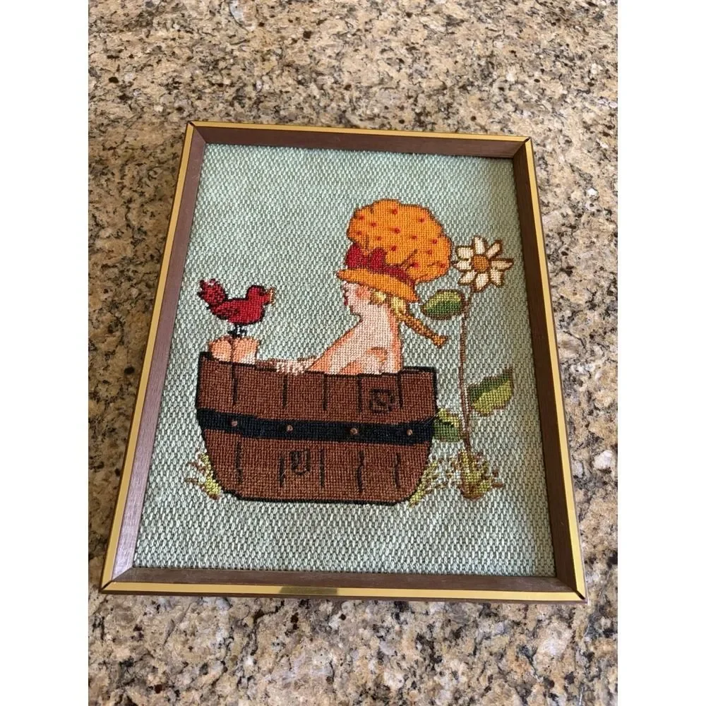 Vintage Needlepoint Finished Framed Saturday Night Bath Girl Birth Bath